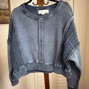 Vintage Havana Crochet Sleeve Distressed Blue Sweatshirt Size Small